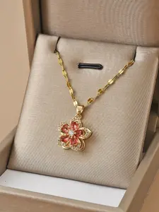 1pc Gold Plated Rhinestone Flower Pendant Necklace for Women, Stainless Steel Multicolor Gemstone Chain Jewelry, Elegant Daily Wear & Gift Accessory