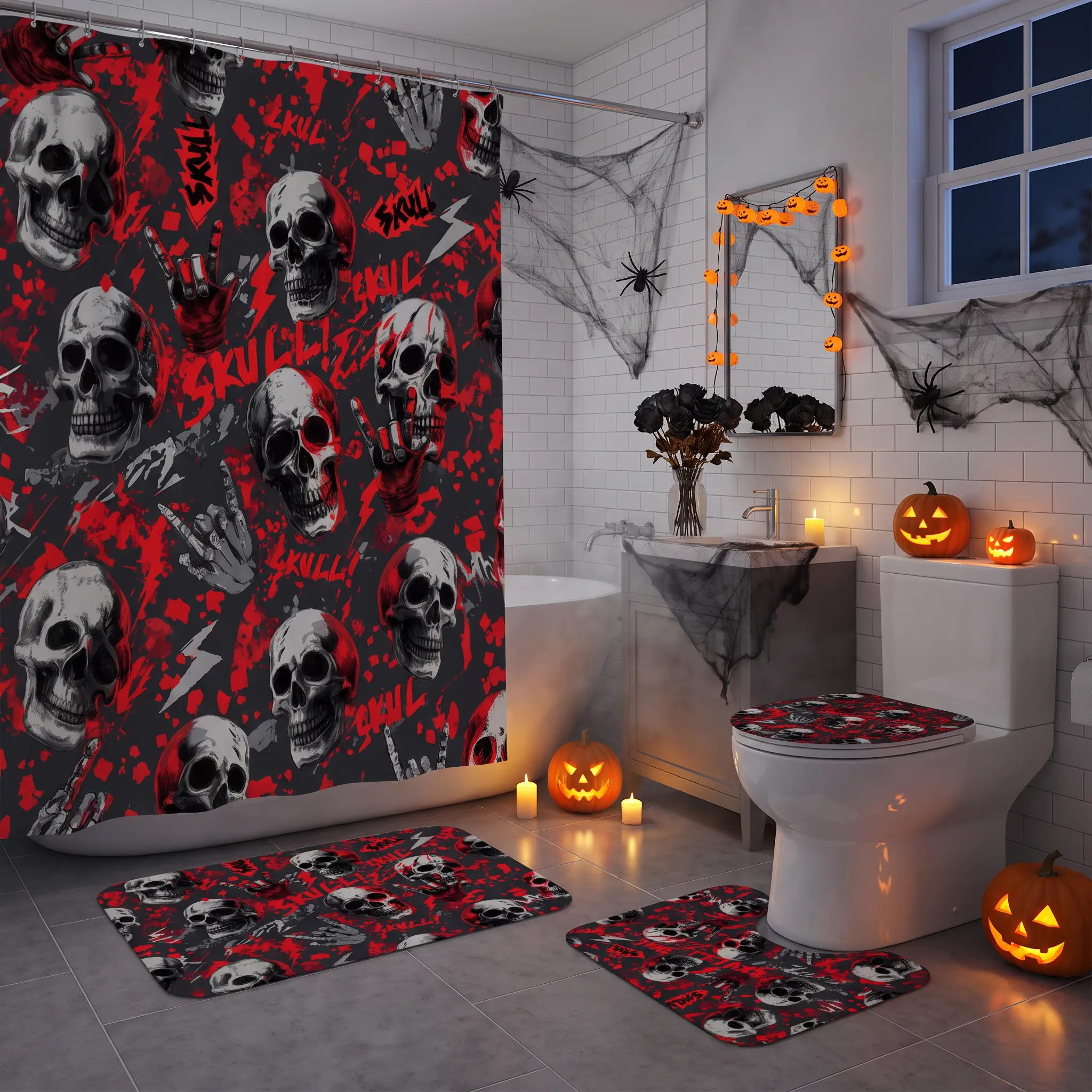 Gothic Skull Bathroom Set, Waterproof Polyester Shower Curtain with 12 Hooks, Non Slip Absorbent Bath Mat, U Contour Rug and Toilet Lid Cover, Red Black Rock and Roll Skull Print Bathroom Decor, Halloween Spooky Home Decor for Bathroom, Bachelor Apartment