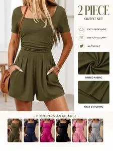 Summer New Short Romper Overall for Women, Casual Office Wear, Loose Fit Slimming Wide Leg Three-Quarter Pants, Comfortable and Stylish, Polyester