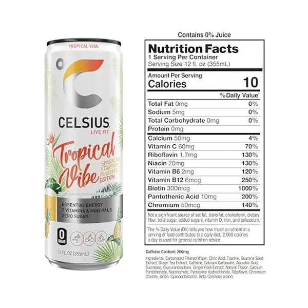 CELSIUS Sparkling Tropical Vibe, Functional Essential Energy Drink 12 Fl Oz (Pack of 12) CELSIUS Sparkling Tropical Vibe, Functional Essential Energy Drink 12 Fl Oz (Pack of 12)