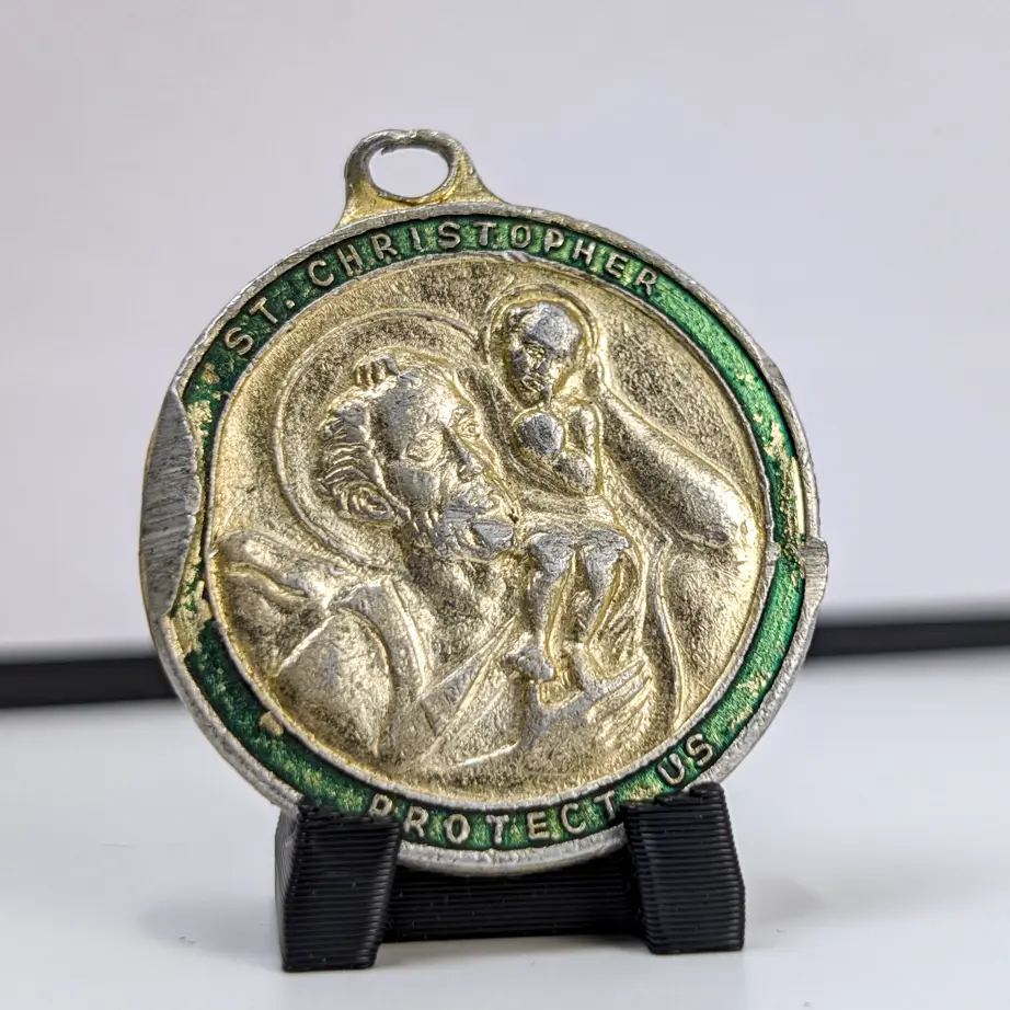 Vintage Saint. Christophers Protection Aluminum Pendant - Protect Us St. Christopher Religious Medallion