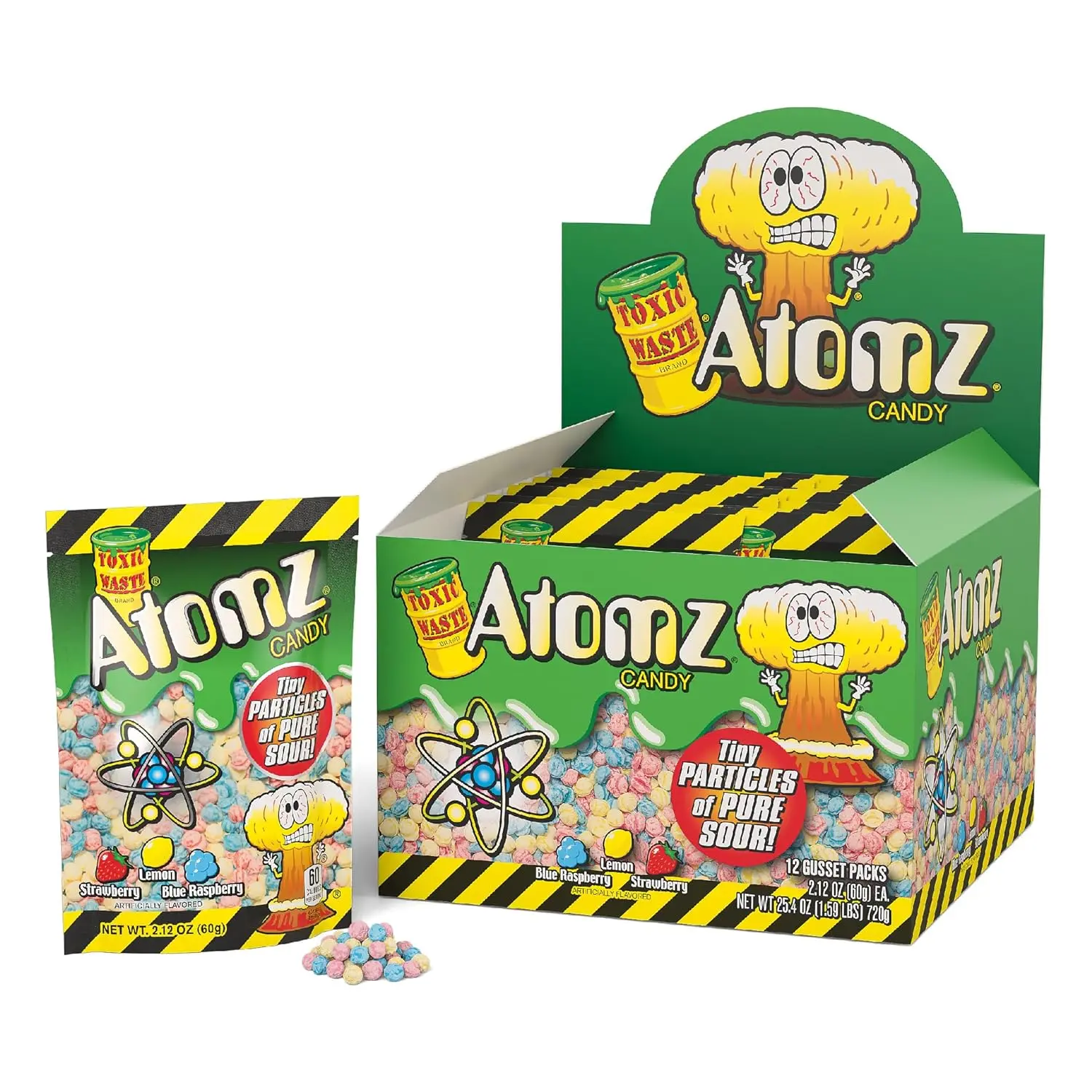 TOXIC WASTE - Atomz - Sour, Tangy, Chewy Candy - 3 Assorted Flavors: Lemon, Strawberry, & Blue Raspberry - 2.12 oz. Bag - 12 Pack