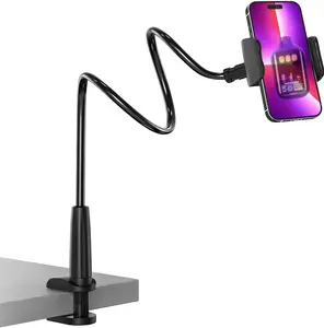 Bouuutlq Cell Phone Clip Bed Stand Holder, with Grip Flexible Long Arm Gooseneck Bracket Mount Clamp for Desk, Compatible with All mobile Phones Cellphone Apple Iphone 17 16 15 Samsung