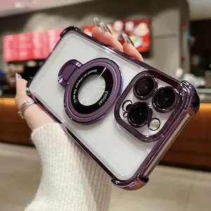 Phone Case - 3pcs [1 Phone Cover with 2 Clear Screen Protectors] Stylish Plated Magnetic Stand Case for Iphone 16 15 14 13 12 11 Pro Max with Holder Stand Shock-Resistant Shockproof Cover