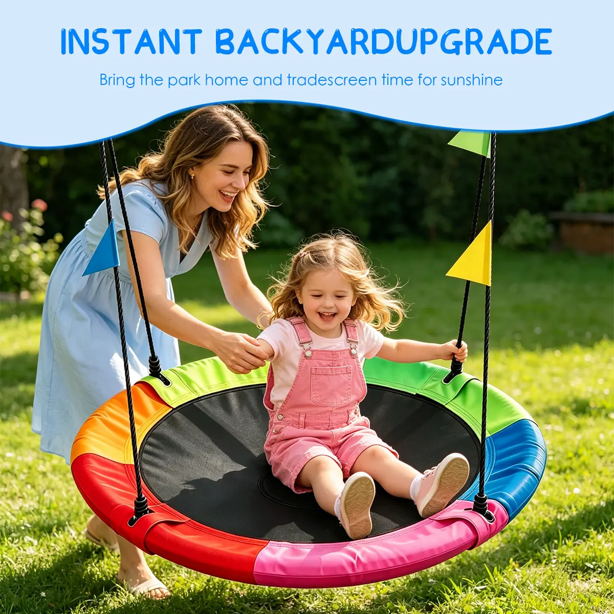 600LBS high capacity  swing with no shaking risks giving children full security. The colorful design is eye catching easy to install perfect  yards and balconies ideal   outdoor play. for Kids campingessentials