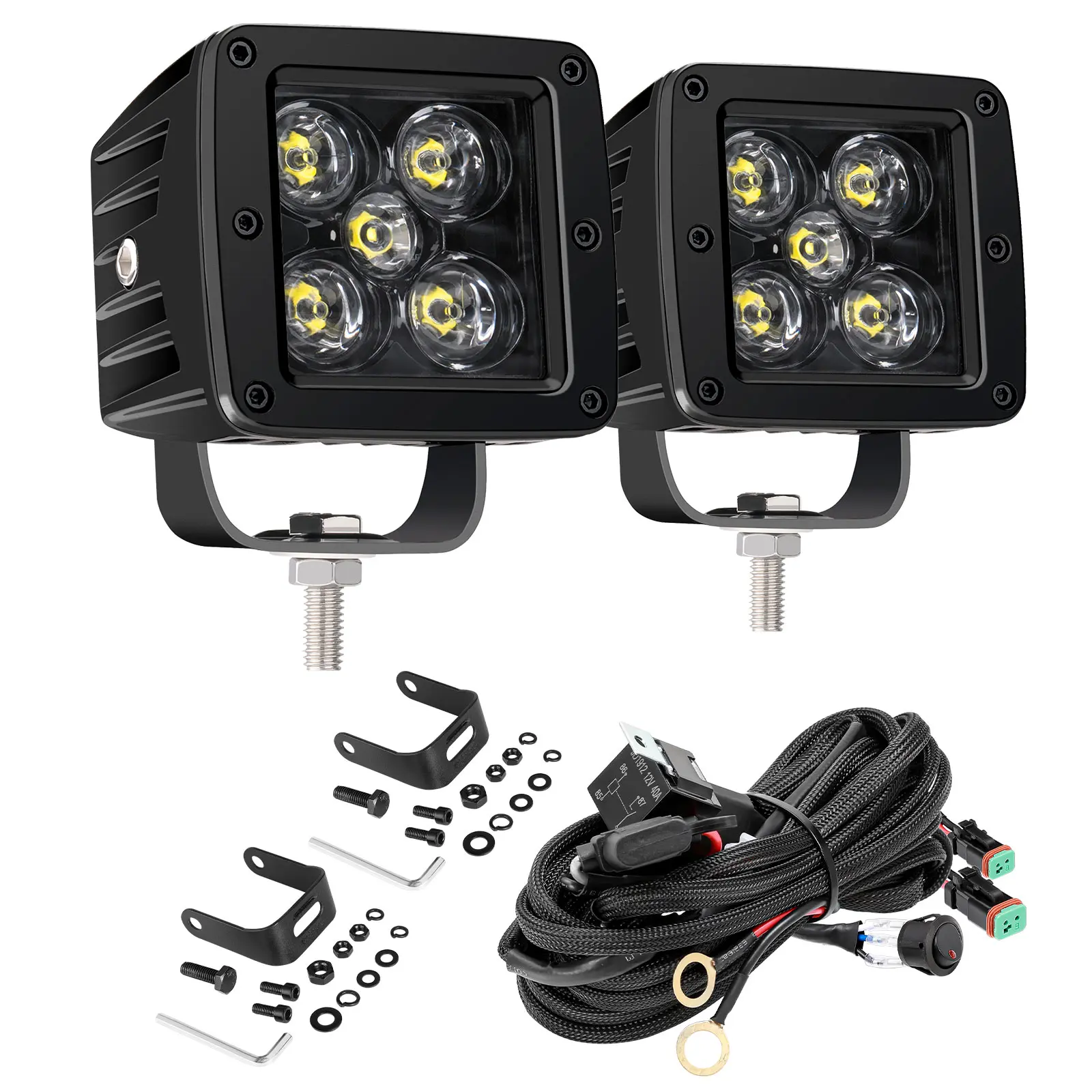 YCHOW-TECH 2PCS 3in 100W 10000LM High Brightness Cube Pod LED Light Pods, Aluminum Housing, DT Connectors Fuse Relay Wiring Harness Kit, IP67 Waterproof Spot Beam Offroad Lighting for Trucks, SUVs, Tractors, Tractor