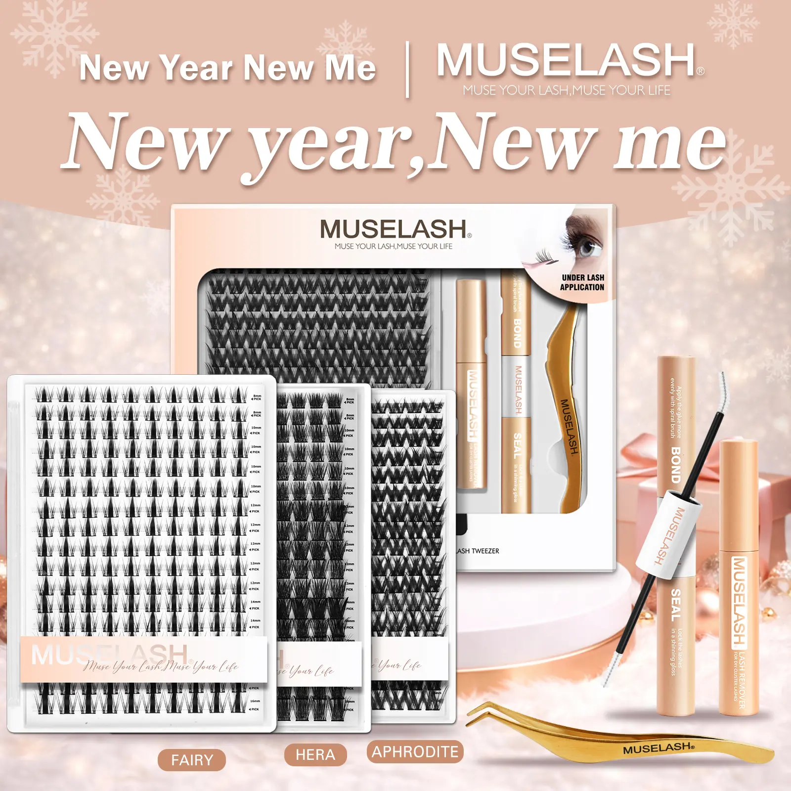 MUSELASH Cosmetic Makeup Eyelash Clusters Kit - Hera, Athena, Fairy, Flora, Venus, Crisscross Artemis Whisper Styles, 8-16mm Volume Dramatic Fluffy Lash Extensions, Bond & Seal, Tweezers, Remover, Waterproof Long-Lasting Beginner-Friendly, Eyelash Extensi