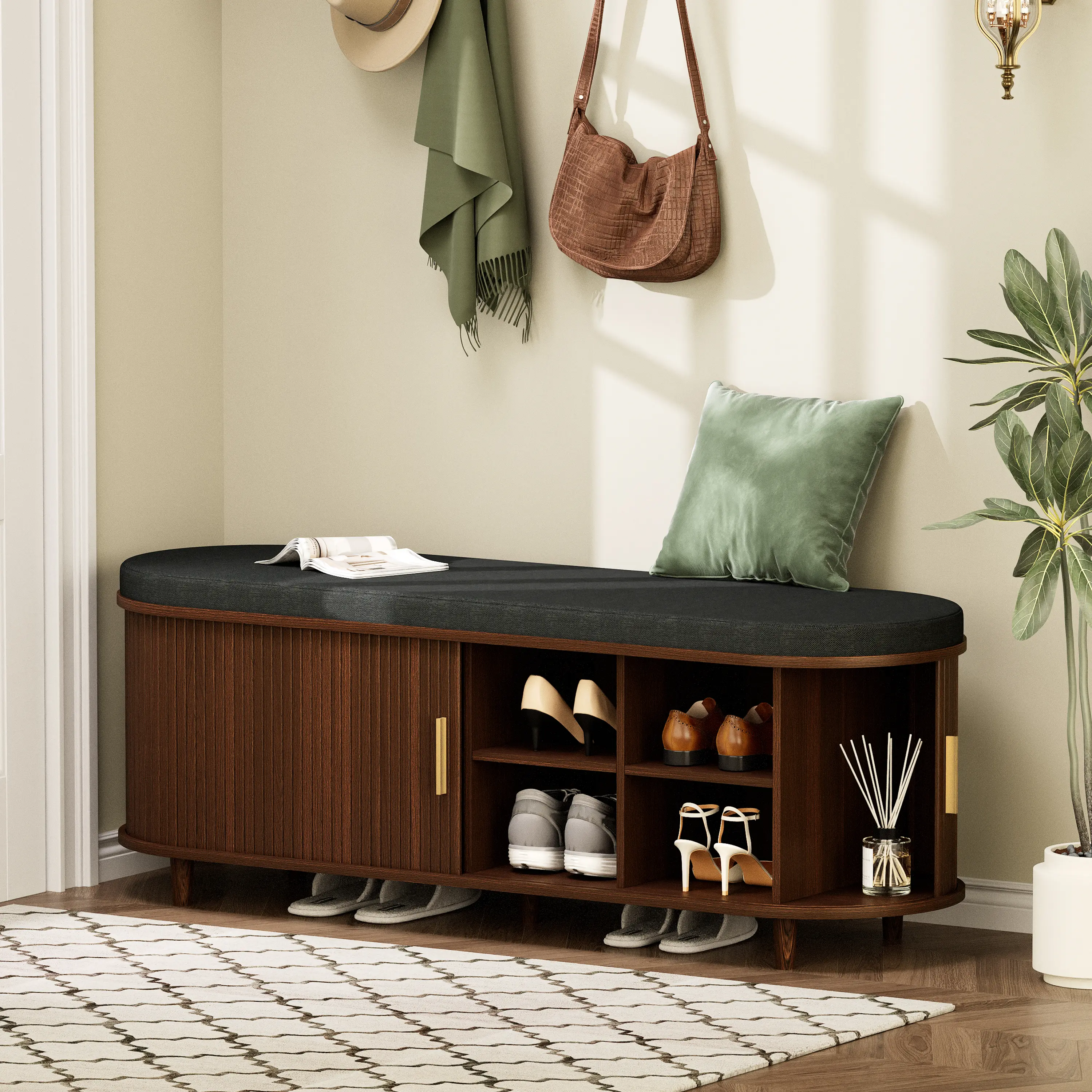 【Deals】DHH Mid-Century Modern Entryway Shoe Bench (35"/43"/51"), Fluted Storage Bench with Seat, Wood Hidden Shoe Organizer Cabinet with Sliding Doors & Curved Edges, Robot Vacuum-Friendly Hallway Furniture, Entryway Decor