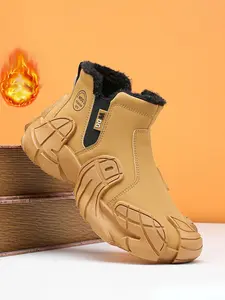 Men's Sporty Sneakers with Warm Plush Lining, Waterproof Windproof Wear-Resistant Design, Zipper Closure for Easy On/off