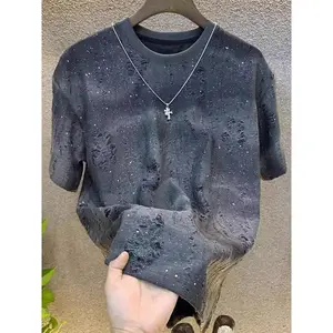 Men's Short-Sleeved T-shirt Summer Ripped Starry Sweater Gradient Loose Pullover Casual Streetwear
