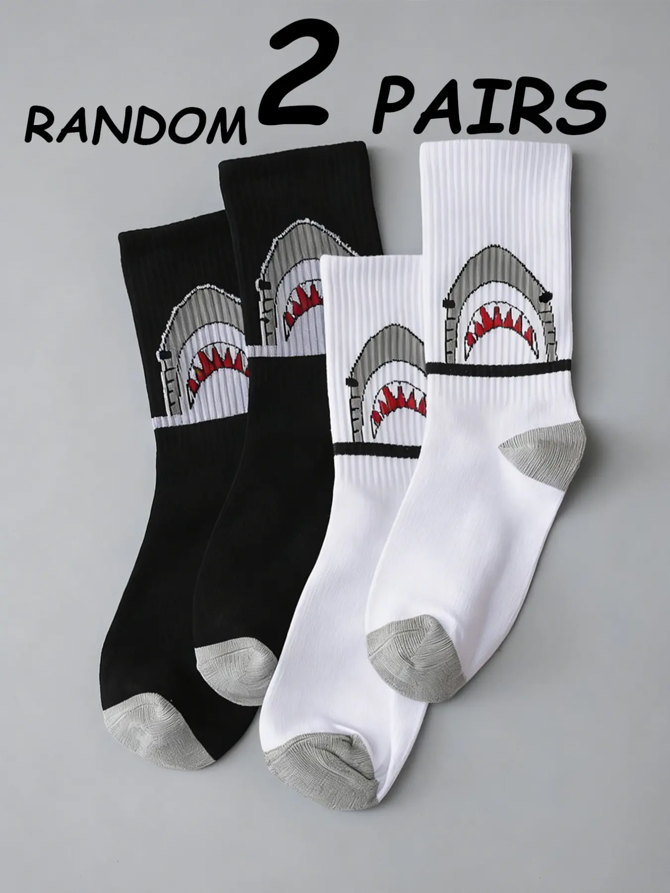 2 Pairs Random Shark Mid-Calf Socks, Athletic Socks, Comfortable and Stylish Footwear, Perfect for Daily Wear, Durable and Breathable Material
