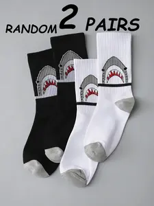 2 Pairs Random Shark Mid-Calf Socks, Comfortable and Stylish Footwear, Perfect for Daily Wear, Durable and Breathable Material