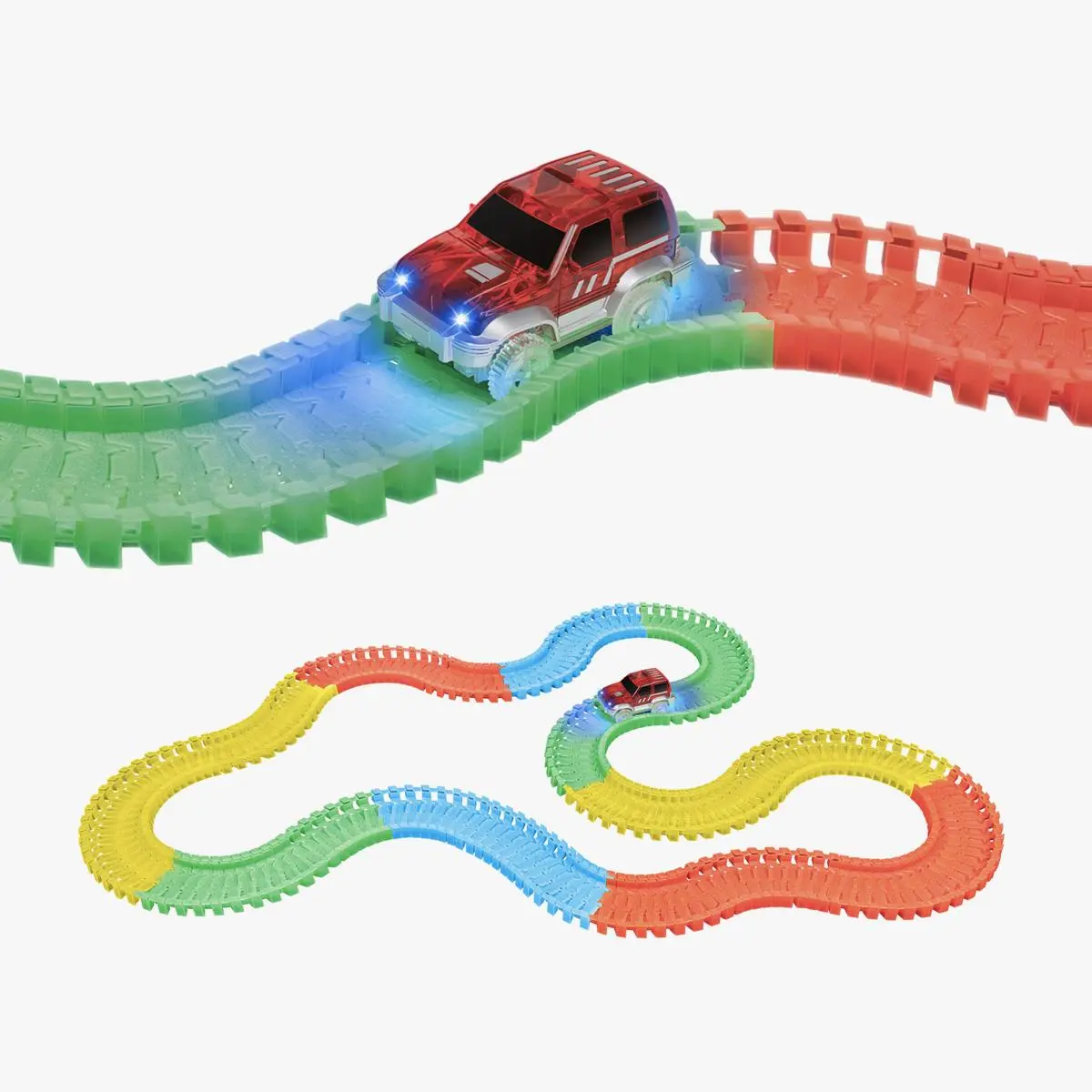 World Tech Toys Galaxy Flex Track 220 Piece Glow in The Dark & LED Light Up Car - Customizable Interchangeable Raceway for Kids 3+