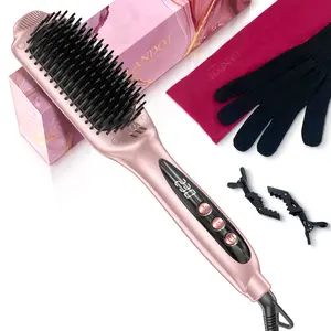 LANDOT Rose Gold Ionic Plastic Straightening Hair Brush - Ceramic Haircare Tool with 12 Adjustable Heat Settings (250-450°F) for Smoothing, Shiny Results, Ideal for Medium & Long Women's Hair, Dual Voltage, Daily Use,summervibes