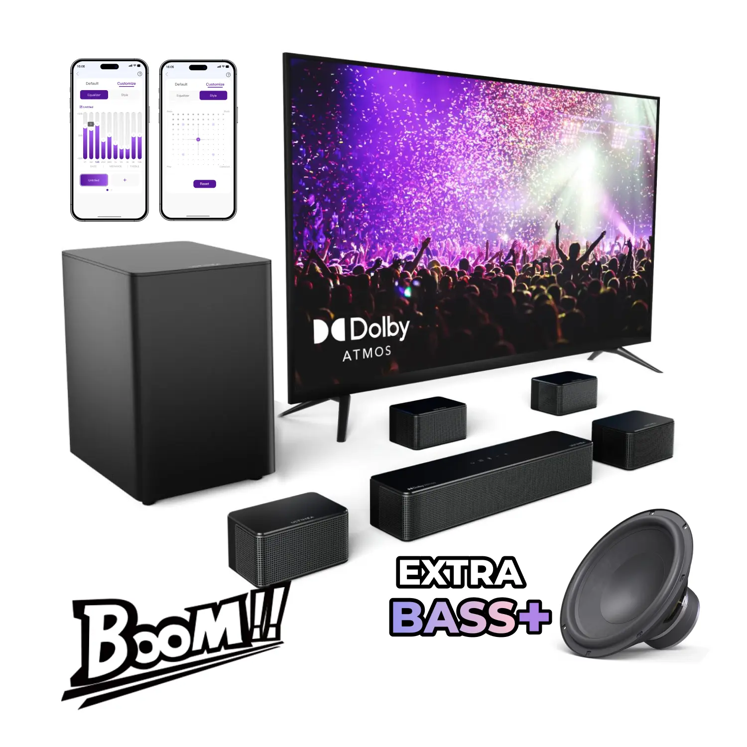 ULTIMEA Poseidon D80 BOOM Soundbar 7.1ch Dolby Atmos with Explosive Deep BASS, 4 Wired Surround Speakers, Subwoofer, HDMI eARC, Bluetooth & App Control – 2025 New Version Home Theater System for Powerful Sound Experience#SummerVibes