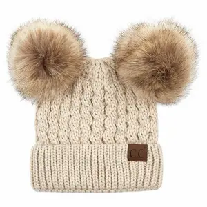 C.C Double Pom Pom All Over Cable Knit Beanie with Faux Fur Poms for Cozy Winter Style Crafted Chilly Weather