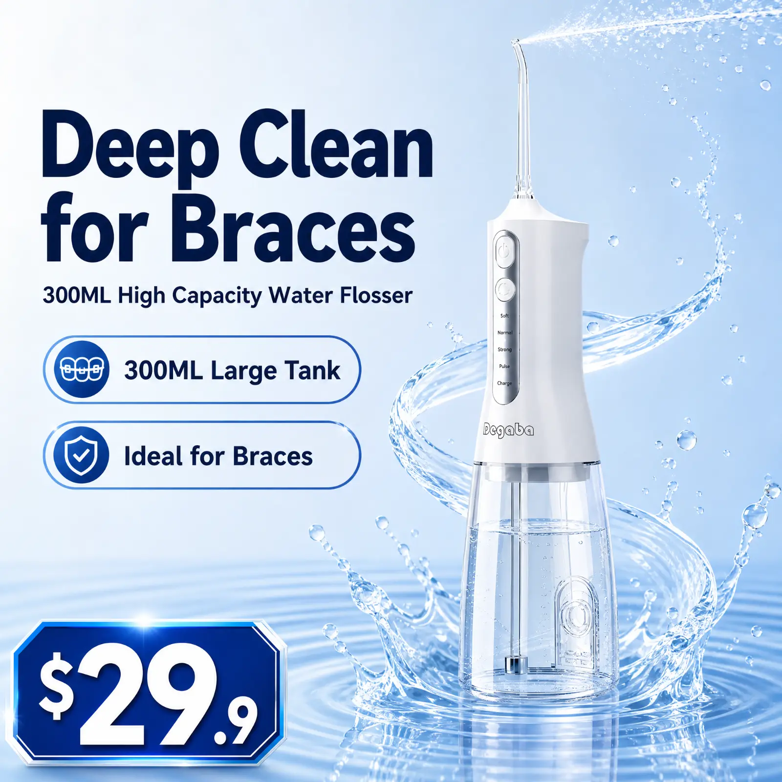 Degaba Portable Water Flosser Cordless, Electric Oral Irrigator for Teeth Cleaning, Rechargeable Dental Flosser, 5 Modes IPX7 Waterproof, Plaque Remover for Braces & Implants, Whitening Teeth Cleaner for Home Travel, Fresh Breath, Low Noise, USB-CCharging