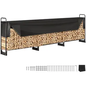 TikTokShopBlackFridayVEVOR 12.7FT Outdoor Firewood Rack with Cover, 152x14.2x46.1in, Heavy Duty Firewood Holder & 600D Oxford Waterproof Cover for Fireplace, Patio, Indoor/Outdoor Log Storage Rack for 3/4 Cord of Firewood