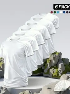 Men's 6-Pack Premium White Short-Sleeve Polyester T-Shirts - Ultra-Breathable Mesh Activewear Undershirts, High-Elastic Lightweight Quick-Dry Athletic Top, Men's Wear Casual Cold Wash Apparel