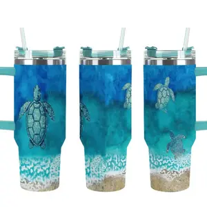 Sea Turtle 40oz Tumbler - Coastal Ocean Waves & Sand Glitter Effect - Large Insulated Travel Cup, Ocean Blue Gradient Stainless Steel Travel Mug