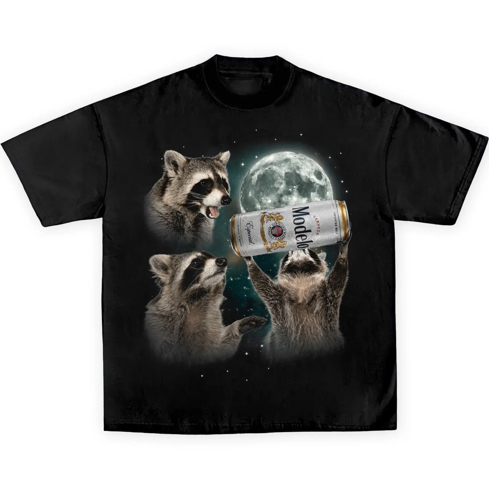 Funny Modelo Raccoon Moon Shirt | Three Raccoons Drinking ME Tee | Vintage Howling Raccoon Meme Beer T-Shirt