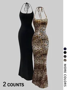 2-piece leopard print camisole and floor-length slim bodycon mini skirt - TikTok viral animal print! Stretch fabric, strap design, available in multiple colors (brown/black) 🔥 Perfect for #DateNightOOTD, #CoquetteAesthetic, #Y2KRevival. Fashionable, flat