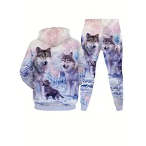 Wolf print men's two-piece casual hooded long sleeved sportswear set suitable for autumn and winter men to wear