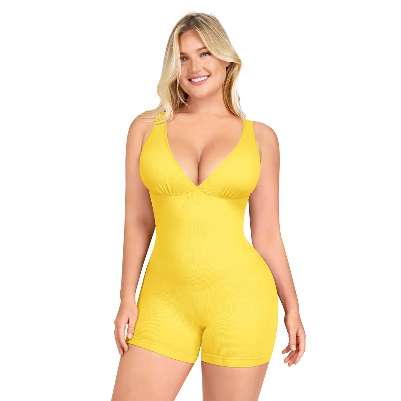 SHAPELLX  Deep V Sculpt Bodycon Stretch Shorts Jumpsuit Romper Tummy Control Boyleg Bodysuit