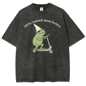 Vintage Washed Gray Oversized T-Shirt Funny Wizard Frog Scooter Graphic Off To Commit Mom Foolery Meme Loose Streetwear Tee For Men Women