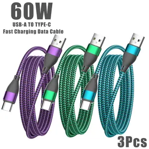 3PCS Nylon Braided 60W Fast Charging Cables - Durable Round Shape, Male-to-Male, 1m or 2m Optional, High-Speed Sync, Type-C Adapter Included, Compatible with Samsung, VIVO & USB-C Devices