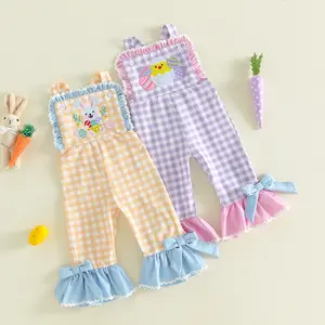 Toddler Baby Little Girls Easter Flare Pants Overalls Plaid Print Bunny/Chick Embroidery Sleeveless Bell Bottom Romper 1-5 Years