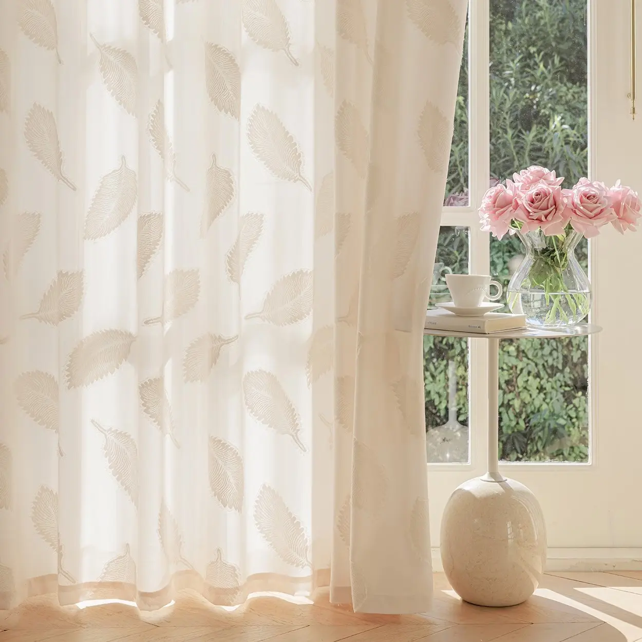 1pc European Simple Jacquard Window Curtain, Leaf Pattern Design, Top Hole Hanging, Easy Installation, Breathable Fabric, Living Room, Bedroom, Kitchen, Balcony, Garden, Rustic Home Decor