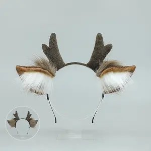 Cute Deer Horn Design Headband with Furry Animal Ears 1 Counts Party Costume Accessories for Cosplay Festival Dress Up Supplies