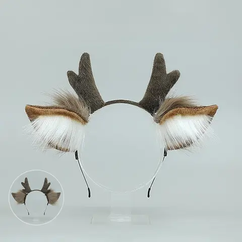 Whimsy Deer Horn Design Headband with Furry Animal Ears - 1-Count Party Costume Accessory for Cosplay, Festival Dress-Up (Festive & Party Supplies), Animal Motif Headband, Deer Antlers Headband