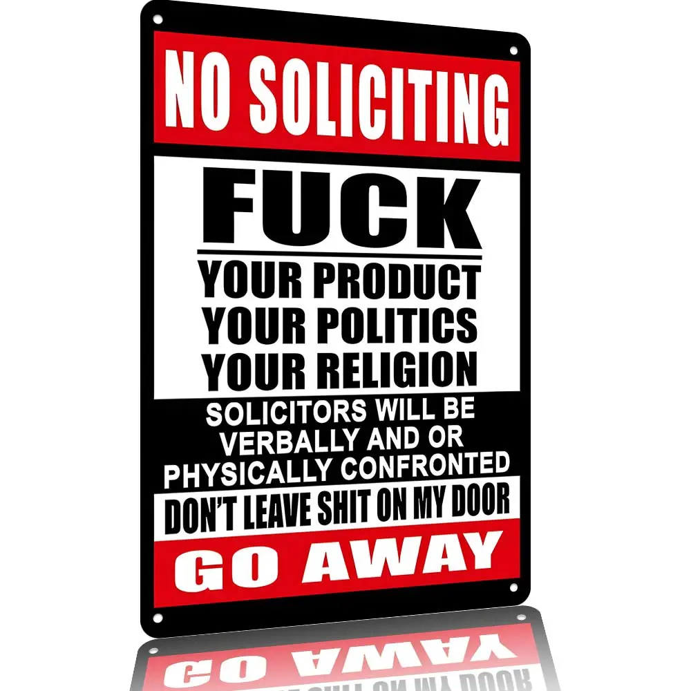 12×8 In Vintage Aluminum Hanging Signage, Funny Sarcastic No Soliciting Warning Wall Art, Rustic Farmhouse Aluminum Alloy Home Signs, Retro Funny Decor for Front Porch, Living Room, Man Cave
