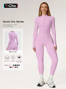 Women's Solid Zip-up Skiing Jumpsuit, Sporty Long Sleeve Onesie for Skiing Cycling, Fall & Winter Ladies Sportswear, Stretchable Activewear, Sporty Comfy Jumpsuit, Sports Jumpsuits