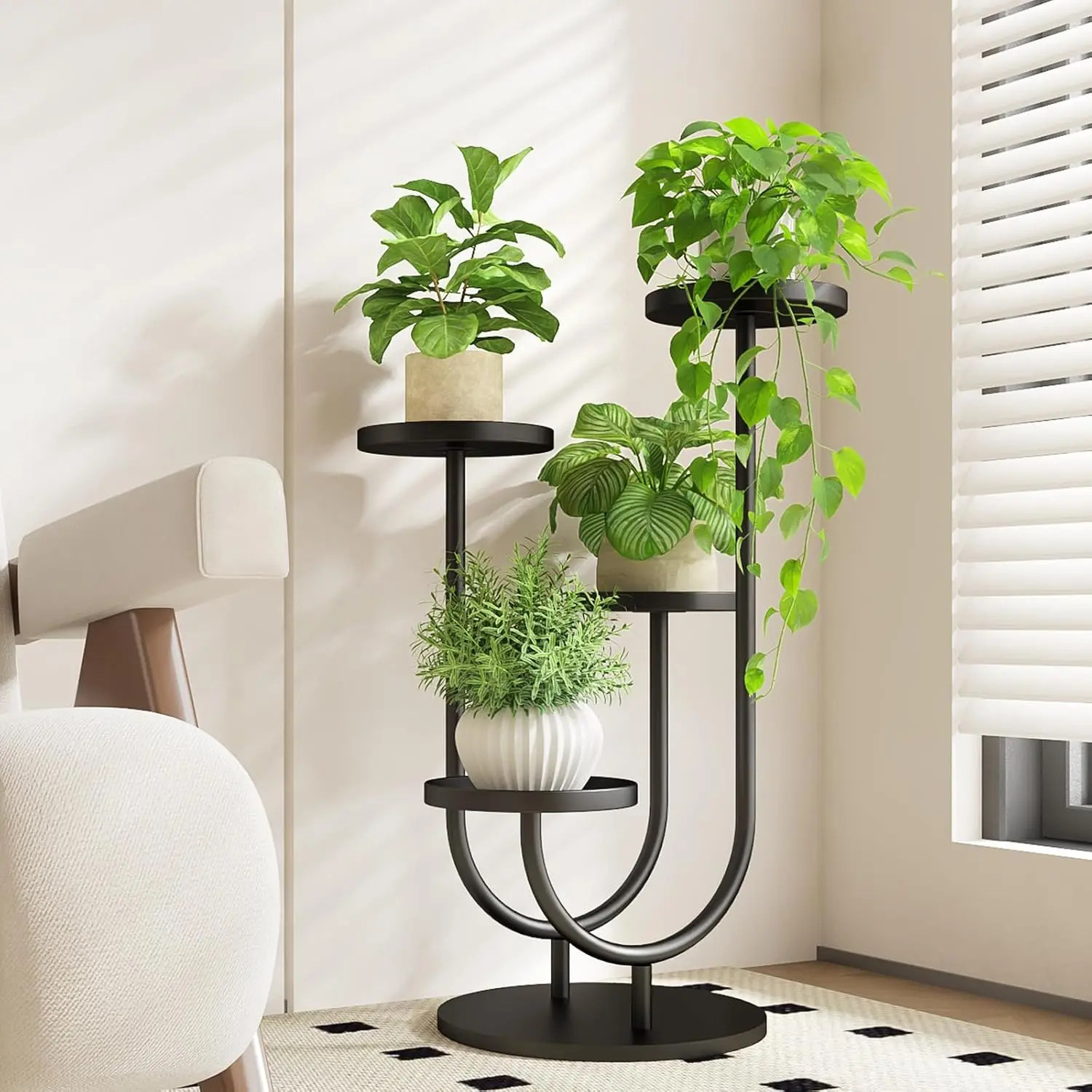 Bamworld Tall Plant Stand Indoor Modern Plant Stands for Indoor Plants 4 Pots Planter Holder Black Metal Plants Rack for Living Room Bedroom Decor