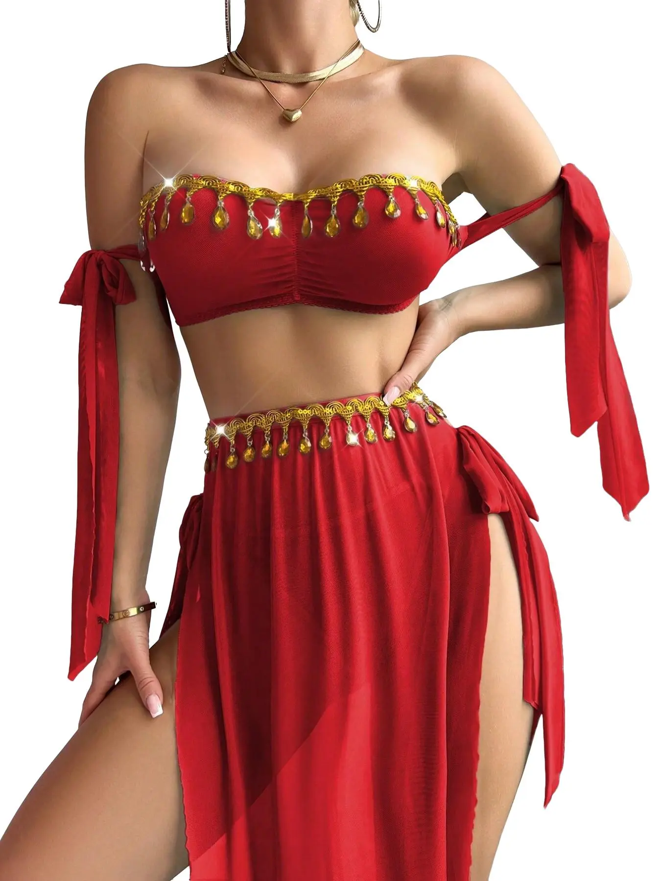 Desert Princess: Red & Gold Belly Dance Lingerie Set for Enchanting Nights In