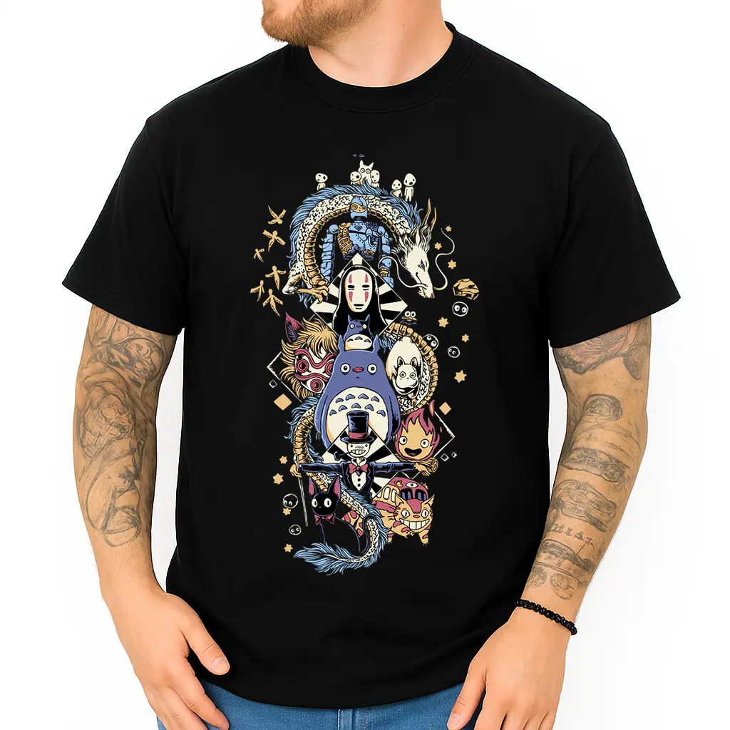 Women's Ghibli Anime T-Shirt - Loose Fit Graphic Top with Totoro & No Face, Comfortable Everyday Tee with Seamless Collar and Durable Bottom