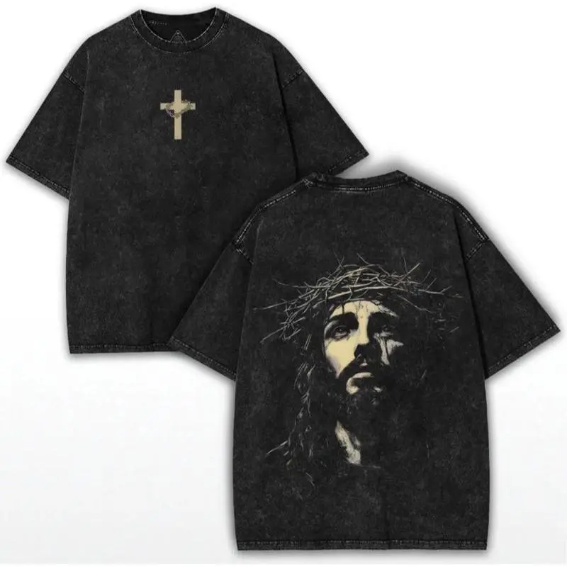 Men's Jesus Graphic T-Shirt - Vintage Washed Christian Faith Crew Neck, Soft Cotton Blend Casual Short-Sleeve Top