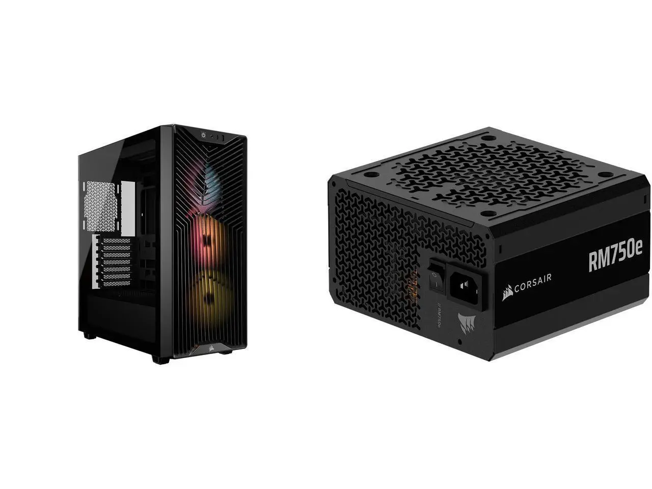 CORSAIR 3200D RS ARGB mid-tower chassis with 3x RS120 ARGB fans, DIY features, powerful cooling. Black. CORSAIR RM750e (2025) Fully Modular Low-Noise ATX Power Supply, ATX 3.1 & PCIe 5.1, Cybenetics Gold, 105°C Capacitors, Modern Standby –