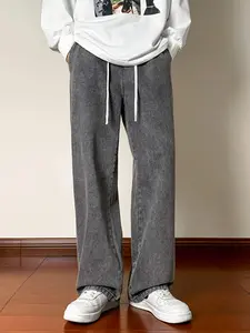 Men's Solid Color Drawstring Waist Wide Leg Jeans, Loose  Casual Comfy Pocket Denim Trousers for Daily Wear, Fashion Men's Bottoms for All Seasons, Pants