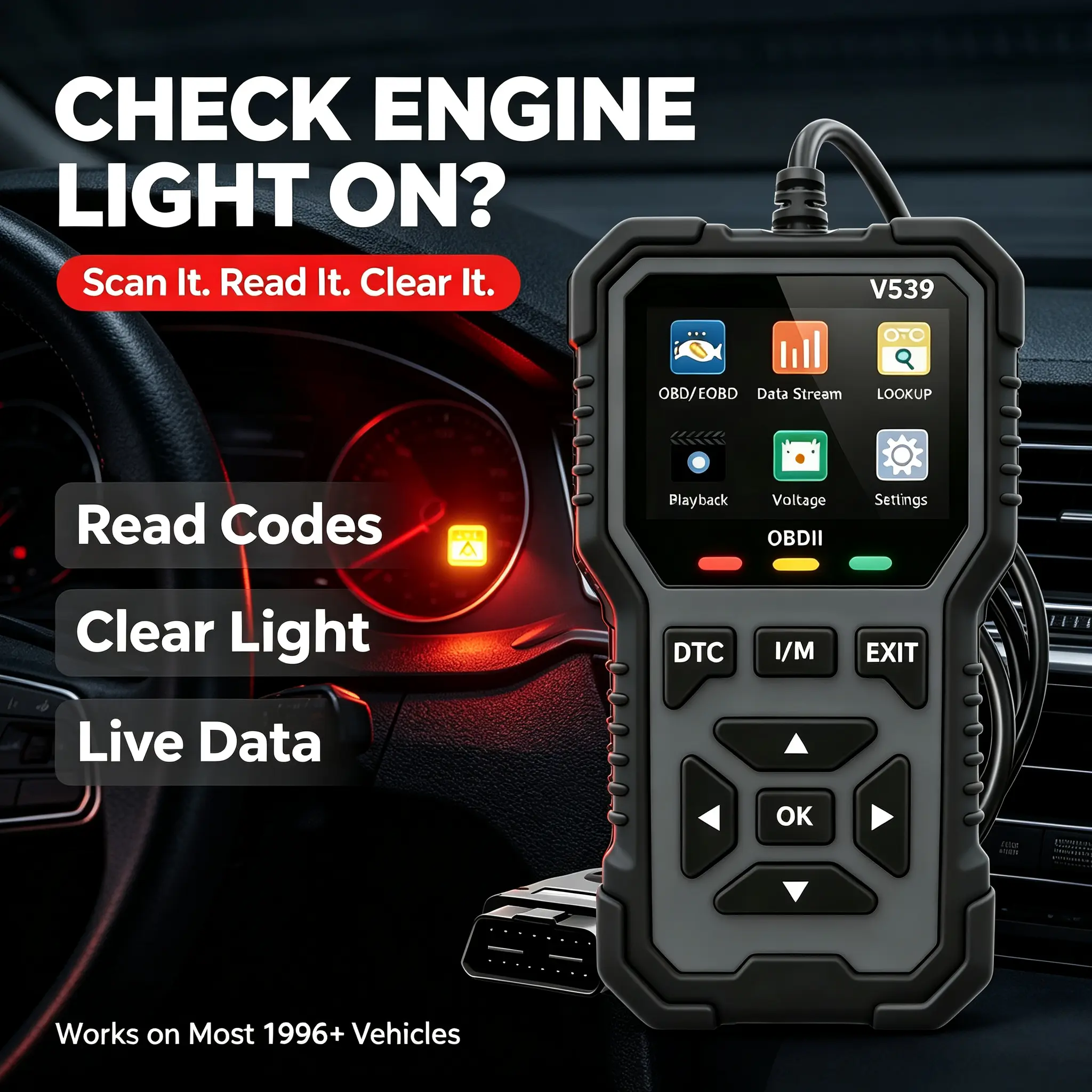 SHIELDIX V539 Compact Handheld Plug-and-Play OBD2 Scanner, Check Engine Light Reader for Post 1996 Vehicles, Read Codes, Live Data, Vehicle Voltage Test, DTC Lookup, 2.4” Color Screen