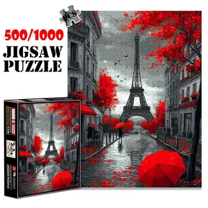 1pc 1000 piece adult puzzle 70x50cm Eiffel Tower Street Scene with Red Trees and Umbrellas 500 pieces of paper jigsaw puzzle, suitable for adults and families, large-scale DIY puzzle interactive to
