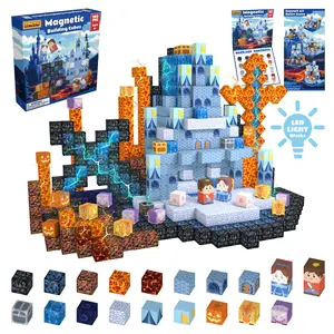 Magnetic Building Blocks - 100-piece/200-piece pack, Magic Castle series, some blocks light up, STEM Montessori sensory toy, suitable for boys and girls, Valentine's Day gift, boyfriend gift, outdoor fun Minecraft magnetic building blocks.