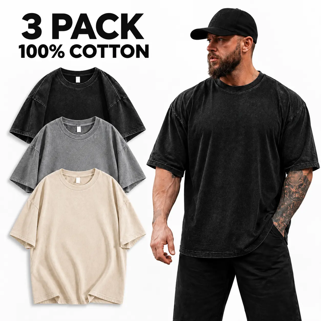 Men's 3-Pack Vintage Washed Cotton Oversized Crew Neck Short Sleeve Solid T-Shirts - Breathable Loose-Fit All-Season Streetwear Basic Set, Soft Blend Top for Casual Daily Wear