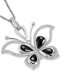 Stainless Steel Silver-Tone Black Simulated Gemstone White Clear CZ Butterfly Pendant Necklace