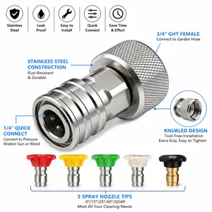 Garden Hose Pressure Washer Adapter Set, 3/4" GHT Female to 1/4" Quick Connect, Easy Install Leak-Proof for Car, Driveway, Patio Cleaning, Stainless Steel Hose Converter + 5 Nozzle Tips