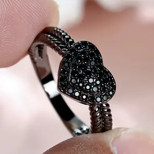 Black Heart Ring for Women, Stylish Engagement Promise Ring, Stackable Fashion Jewelry for Daily Wear and Anniversaries