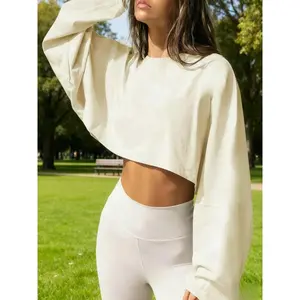 Women's Plain Batwing Sleeve Crop Sweatshirt, Street Casual Drop Shoulder Round Neck Pullover for Fall, Ladies Clothes for Daily Wear